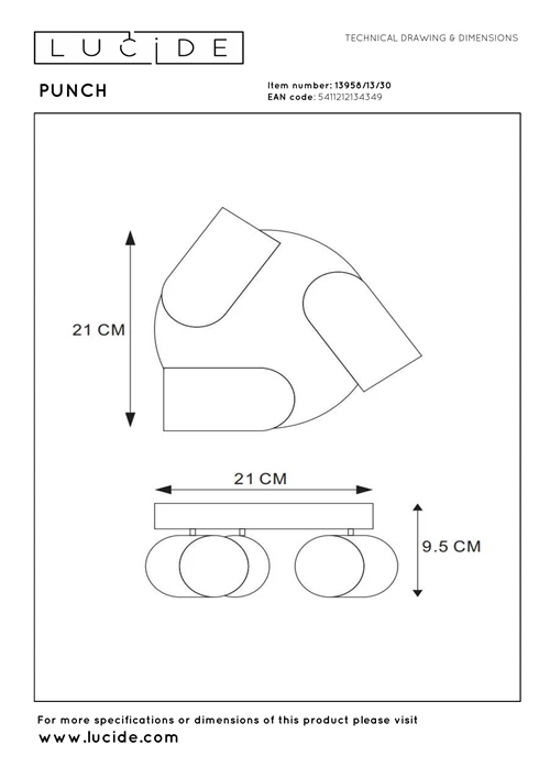 Lucide PUNCH - Plafondspot - Ø 21 cm - 3xGU10 - Zwart - technisch